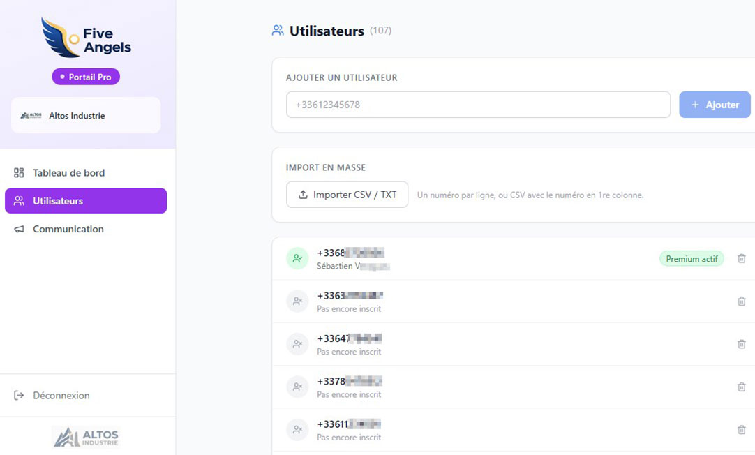 Portail pro Five Angels — Gestion des membres, import CSV et activation premium, Altos Industrie