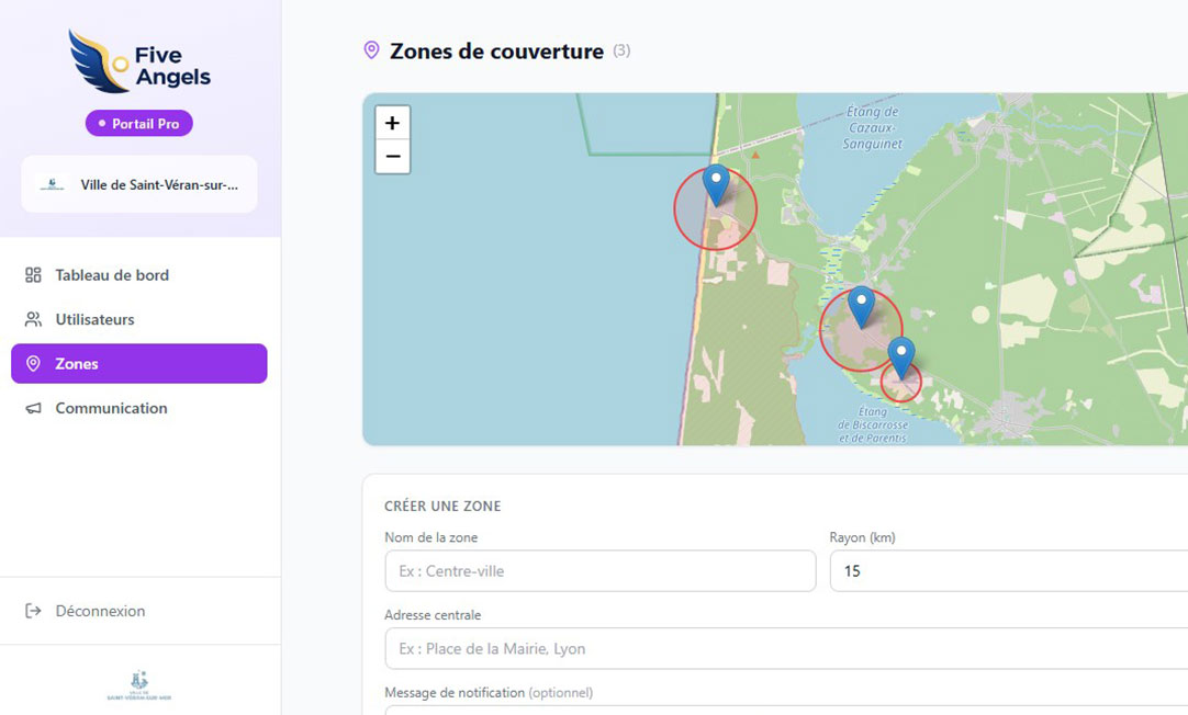 Portail pro Five Angels — Zones géographiques municipalité Saint-Véran-sur-Mer, 3 zones actives sur carte