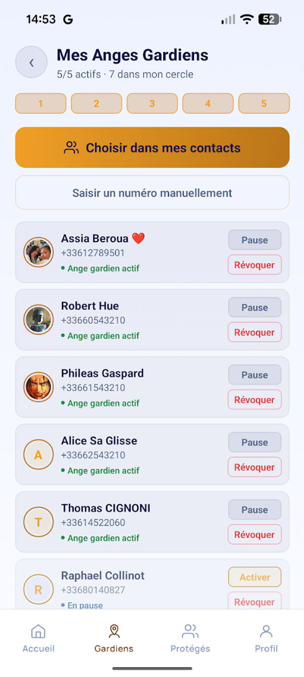 Écran Mes anges gardiens : 5 anges actifs sur 7 dans le cercle, boutons Pause et Révoquer