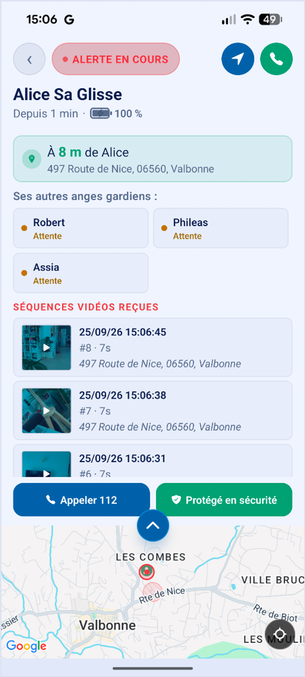 Écran de l'ange gardien : distance et adresse du protégé, séquences vidéo reçues, boutons Appeler 112 et Protégé en sécurité, carte